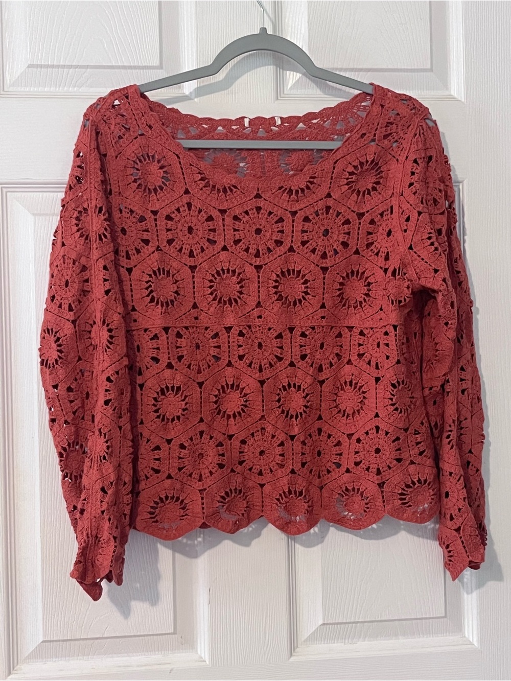 Crochet Openwork Long-Sleeve Top in Rust Red